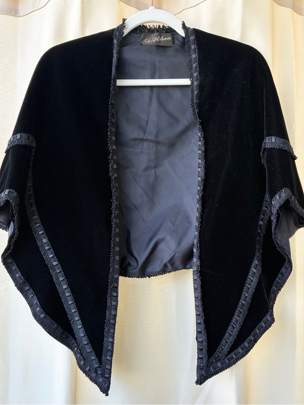 Vintage Saks Fifth Avenue Black Velvet Ribbon Trim Evening Wrap Capelet Shawl